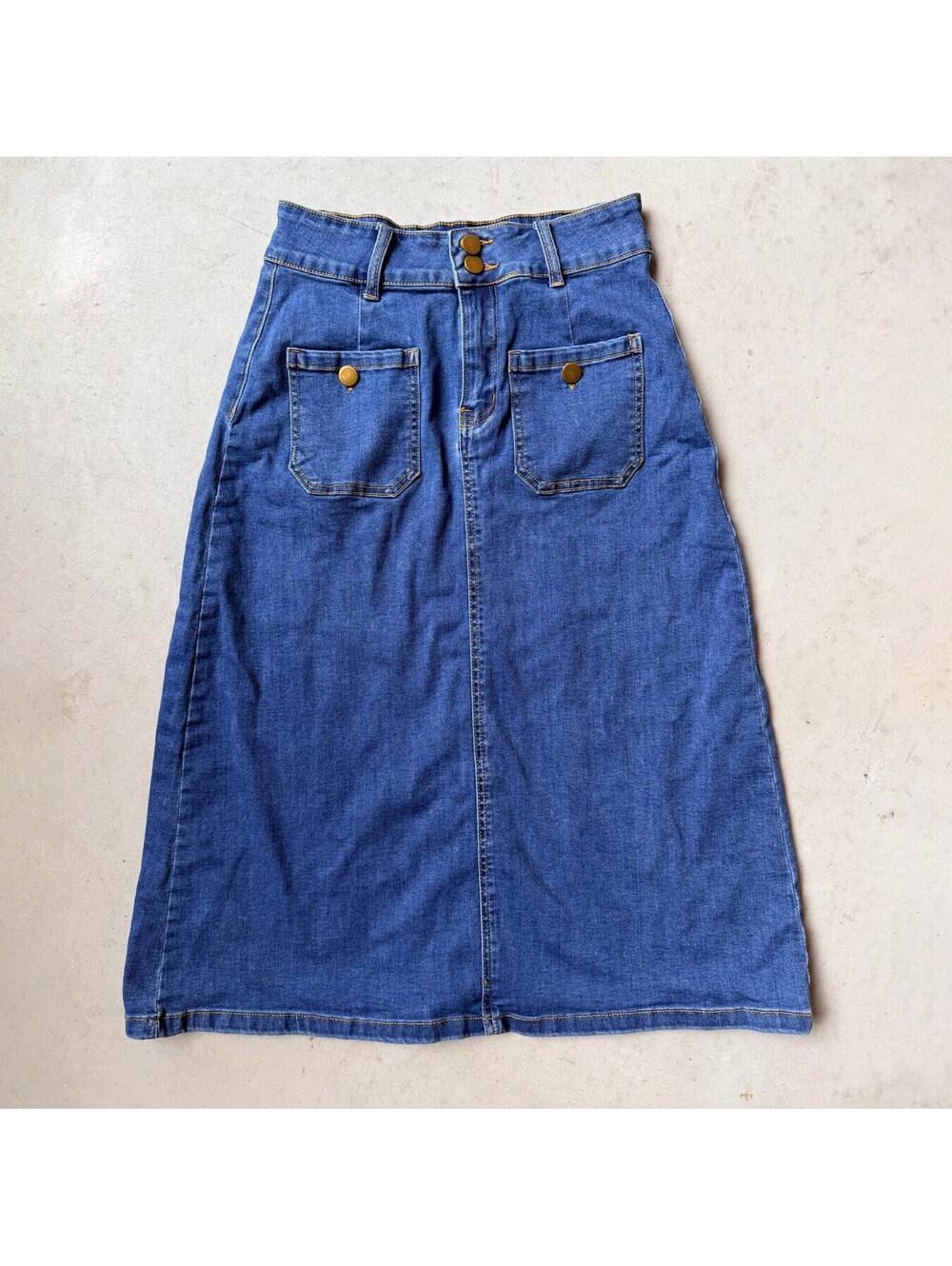 Denim Midi Skirt with Front Pockets by Belle Pogue